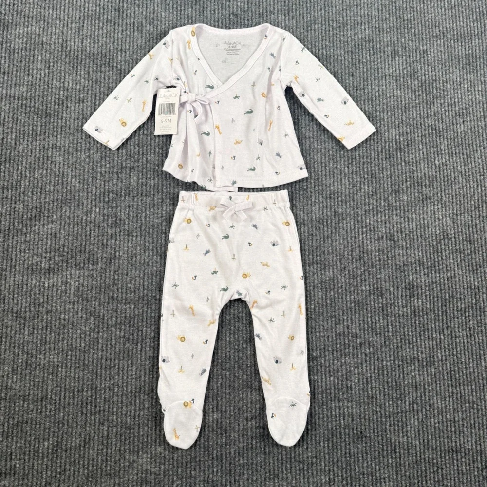 Lila & Jack Baby 6-9M Safari Animal Print Kimono Wrap Top & Footed Pants Set 256